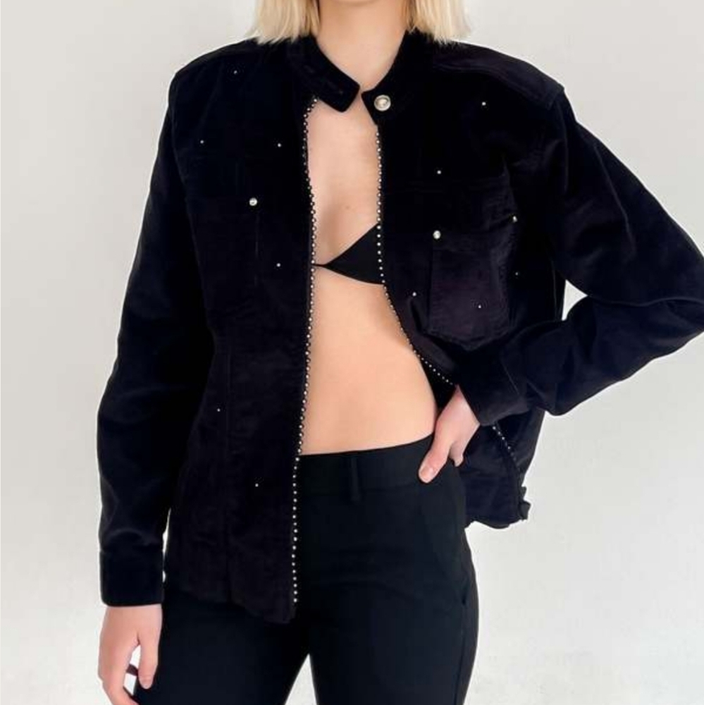 Vintage Black Velvet Rhinestone Zip Jacket Size Medium